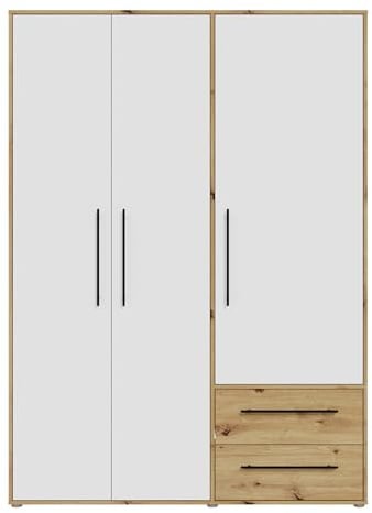 Forte MOKKARIS Kleiderschrank 140 150, moderner Drehtürenschrank, 3-türig, 2 Schubladen, Holzwerkstoff, Weiß mit Artisan Eiche Holzdekor, 144,4 cm breit x 200,1 cm hoch x 58,8 cm tief