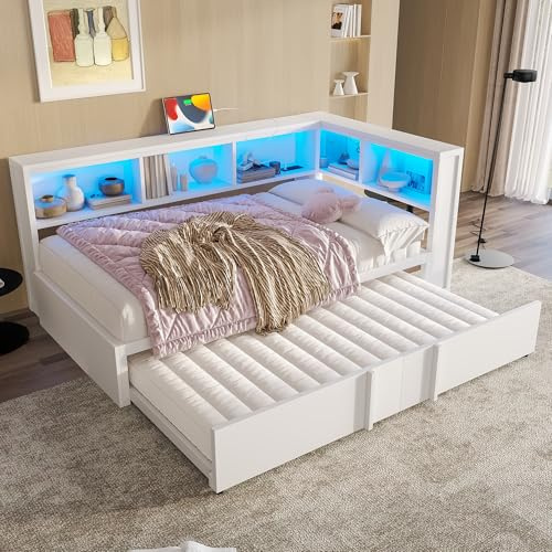 DUlVBPE Metall-Tagesbett, 90 x 200 cm, mit Ausziehbett, Stauschränken, LED-Beleuchtung und USB-Anschlüssen, Weiß