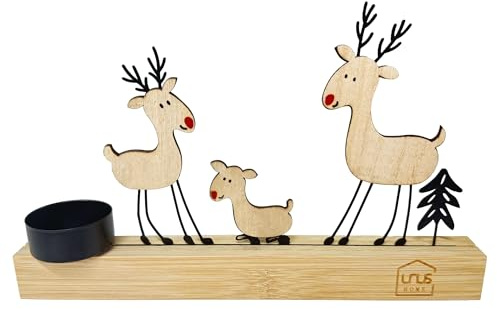 UNUS Aufsteller Rehe mit Kerzenhalter Weihnachtsdeko ca. 24×14,5×4 cm | aus Holz und Metall, stilvolle Tischdekoration für Winter und Advent
