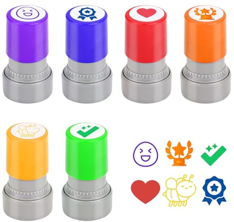 Lehrerstempel Set 6 Stück – Selbstfärbende Smiley Motivationsstempel für Schule und Kinder, Belohnungsstempel mit lustigen Gesichtern, Wiederbefüllbar, Ideal für Hausaufgaben & Unterricht, Stil 3
