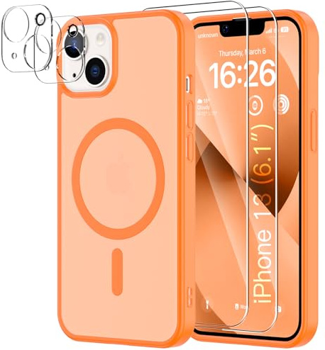 YNMEacc 5 in 1 Magnetic for iPhone 13 Case 6.1-Inch with 2X Screen Protector + 2X Lens Protector, [Compatible with MagSafe] Military-Grade Protection, Slim Shockproof Anti-Scratch Cover - Orange