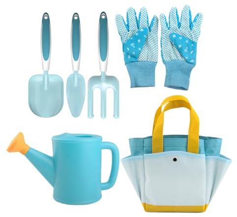 Generisch Kinder Gartengeräte Set - 6 STK Blaue Gartenwerkzeuge Spielzeug mit Gießkanne Schaufel Rechen Handschuhe Tasche | Outdoor Sand Strands Grabungsset Boys Mädchen Kleinkinder, Rollenspiel