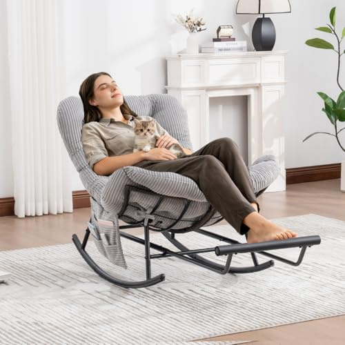 MARSBIRD Schaukelstuhl mit Verlängerbarer Fußhocker, Indoor & Outdoor-Rattansessel ohne Armlehnen mit Kissen und Seitentasche, Rutschfesten Füßen, für Wohnzimmer, Balkon, Schlafzimmer, Hellgrau Cord