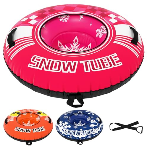 COSTWAY 42”/52 Inflatable Snow Tube, Heavy-Duty Sled Ski Tube with Handles, Premium Oxford Cover and Tow Strap, Outdoor Snow Sledge Fun Toys for Kids & Adults