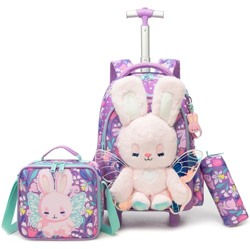 HTgroce Schulrucksack Trolley Mädchen Hase – Ergonomischer Schulranzen mit Rollen für Grundschule (1.-4. Klasse) – Schultrolley Ideal für Schule & Reisen