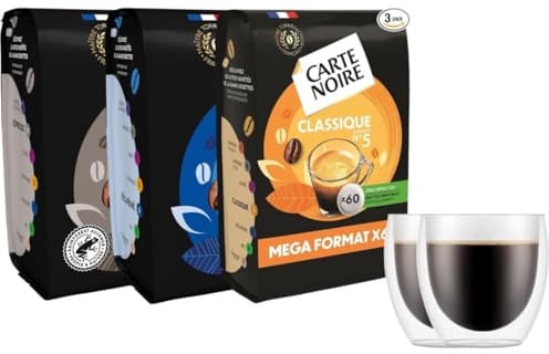 Carte Noire - Lot de 3 paquets de dosettes - Classique x60, Décaféiné x36 et Espresso x36 avec 2 tasses Bodum