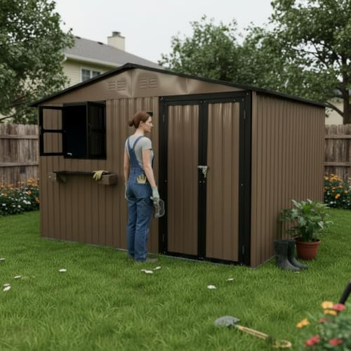 Gerätehaus Metall 295x244 cm (7,19 m²) – Gartenhaus mit 2 Fenstern & Blumenregal, wetterfester Geräteschuppen mit abschließbaren Türen – Stahlschuppen für Fahrräder & Gartengeräte – Braun-Schwarz