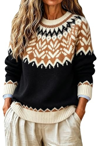 Générique Pull Fair Isle Femme Norvégien Vintage Tricot Pulls Oversize | Chaud Grande Taille Col Roulé Manches Longues Pulls Islandais Automne Hiver Chic et Élégant Ample Chandail Halloween Noël