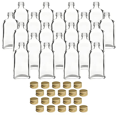 gouveo Lot de 20 bouteilles en verre 50 ml Dana avec bouchon à vis doré - mini bouteille 0,05 l à remplir - bouteilles en verre pour liqueur, whisky pour anniversaires, mariages (MFD050G)