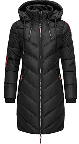 MARIKOO Damen Wintermantel Warmer Steppmantel lang mit Verstellbarer Kapuze Armasa Schwarz Gr. M