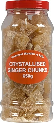 Natural Health 4 Life Crystallised Ginger Chunks 650g - All Natural, Vegan, Gluten-Free, Plant-Based Ginger Sweets for Nausea, Digestion, Baking, Cooking & Snacking - Sealed Gift Jar (1 Jar)