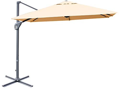 COSTWAY 3x3m Garden Cantilever Parasol, 360° Rotation Square Overhanging Umbrella with 4-Level Tilting Adjustment and Crank Handle, Outdoor Patio Offset Market Umbrellas (Beige)
