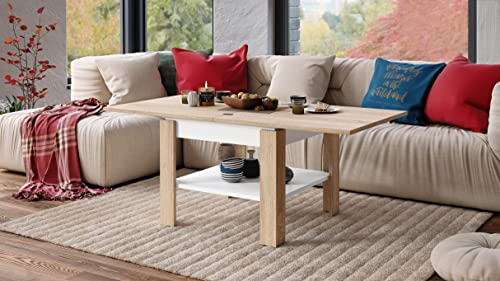 Design Couchtisch Tisch Leo Sonoma Eiche - Weiß matt aufklappbar 65-130cm Esstisch