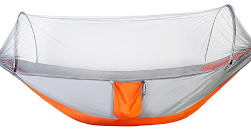 KEESIN Outdoor Hängematte, Camping Hängematten mit Moskitonetz, Hängematte, Campingzubehör mit 2 hochwertigen Karabinern und 2 x 2 Meter Langen Nylonschlingen (Grau-Orange)