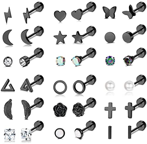 MILACOLATO Lot Boucles D'Oreilles Femme Petite En Acier Chirurgical Hypoallergénique Piercing Oreille Helix Tragus Cartilage Etoile Lune Perle Papillon Zircon Clou D'Oreille Ensemble Piercing Bijoux