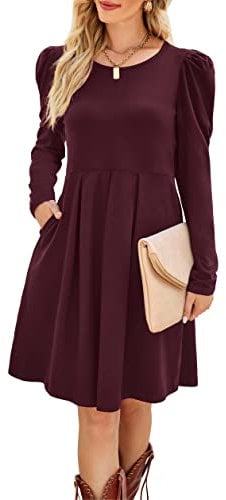 Aokosor Womens Long Sleeve Dress Ladies Casual Tunic Dress Gigot Sleeve Dress with Pockets Purple Size 6-8