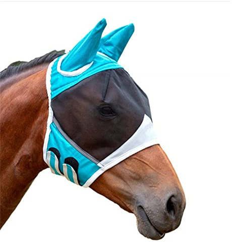 OrangeClub Kerbl Fliegenmaske mit Ohrenschutz Nüsternschutz f. Warmblut Pferde Fliegenhaube, atmungsaktive Pferdemaske (Blau)