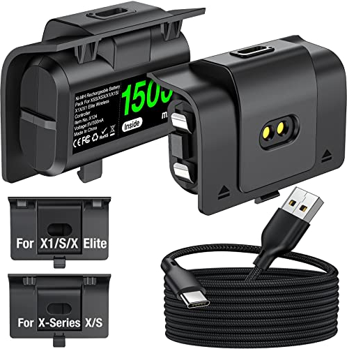 Fast Charging Rechargeable Battery Packs - 2x3600mWh(2x1500mAh) Xbox Battery Pack & 4 Battery Covers for Xbox One/Series X/S,Xbox One S/X/Elite, Xbox One Controller Battery Pack with 10Ft Type-C Cable