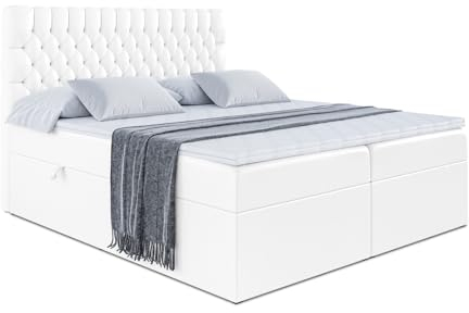 ALTDECOR Boxspringbett mit Matratze und Lattenrost, Boxbett, Topper, Polsterbett mit Bettkasten, Bett mit Stauraum H3-Matratze, Doppelbett, Springboxbett - Serene - 120x200 - Weiß Kunstleder