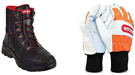 Oregon Sarawak Klasse 1 Kettensägen-Schnittschutzstiefel aus Leder, Stahlkappen, Sicherheits-Arbeitsstiefel, Größe 44 & Schnittschutzhandschuhe aus Leder mit Schutz in der linken Hand – L/10 (91305L)