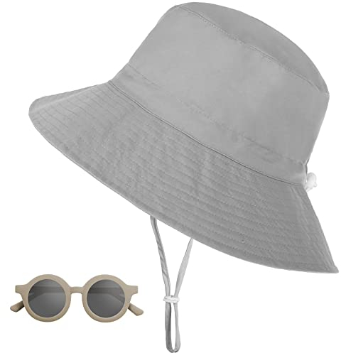 Sonnenhut Kinder, UV-Schutz UPF 50+ Breiter Krempe Nackenschutz Fischerhut Baby mit Sonnenbrille, Atmungsaktiv Sommer Bucket Hat mit Verstellbarem Kinnriemen, Strandhut für Junge, Mädchen - Grau