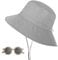 Sonnenhut Kinder, UV-Schutz UPF 50+ Breiter Krempe Nackenschutz Fischerhut Baby mit Sonnenbrille, Atmungsaktiv Sommer Bucket Hat mit Verstellbarem Kinnriemen, Strandhut für Junge, Mädchen - Grau
