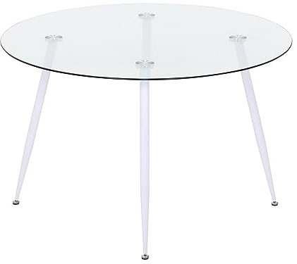 MOG CASA Mesa de Comedor Fija Redonda Corin | 120 x 120 x 75 cm | Ideal para Cocina o Salón | Ideal para 4 a 6 Personas | Tablero de Cristal Transparente | Patas de Metal en Blanco
