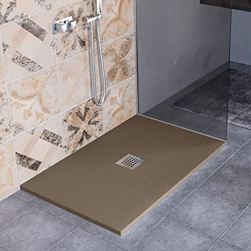 Luminosa ArredoBagno Duschwanne aus Kunstharz, 100 x 140 cm, Modell Florenz, Steinoptik, rutschfest, mit Gelcoat, hergestellt in Italien, mit Ablaufgarnitur – Farbe Braun