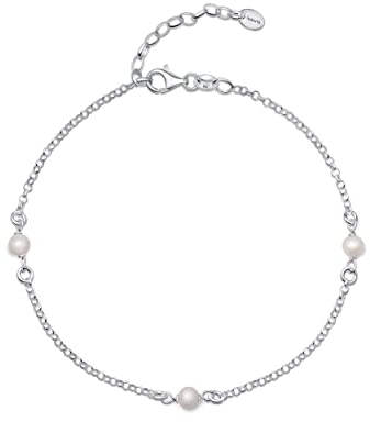 Amberta Damen Fusskette aus 925 Sterling Silber mit Perle: 4-5 mm Perlenkette 25 cm
