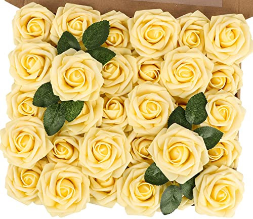N&T NIETING Rose artificiali, 30 rose gialle in schiuma, fiori finti per fai da te, bouquet da sposa, baby shower, feste, centrotavola, composizione floreale, torte, decorazione natalizia