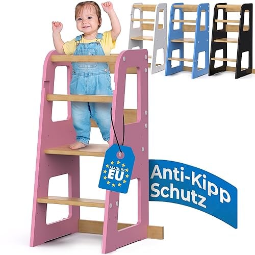 Schwanfeld® Lernturm ab 1 Jahr [ANTI KIPP SCHUTZ] - inkl. Montagezubehör - Montessori Lernturm aus zertifiziertem Massivholz (bis zu 50kg belastbar) - Learning Tower 3 Level (höhenverstellbar)