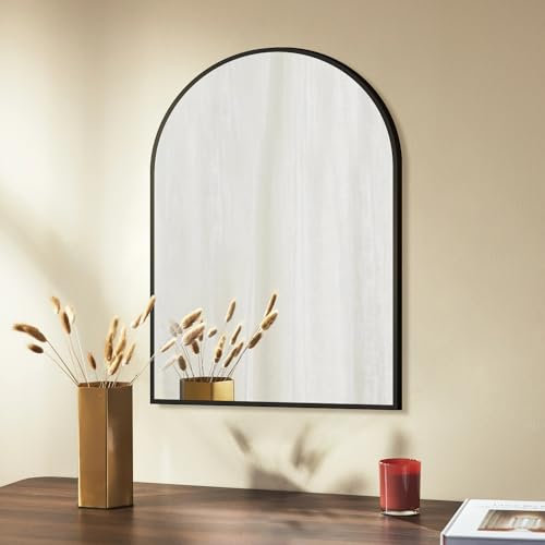 WDWRITTI Wandspiegel 50x70cm Halbrund Spiegel mit Schwarz Metallrahmen, Badspiegel HD Groß Kosmetikspiegel Metall Rahmen Spiegel für Badezimmer Wohnzimmer Waschräume Schlafzimmer