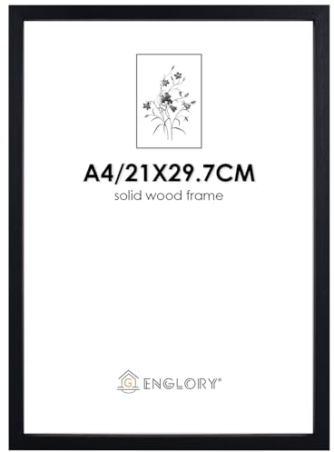 ENGLORY Cadre photo A4, 21 x 29,7 cm, en bois, noir, format A4, avec verre plexiglas incassable, moderne, pour murs et tables