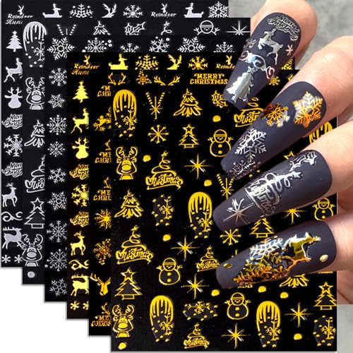 MissJelly Nagelsticker Weihnachten, 8 Blätter Nagelaufkleber Selbstklebend Schneeflocke 3D Gold Silber Snowflake Nagel Sticker Winter Nail Art Decals Design DIY Dekoration