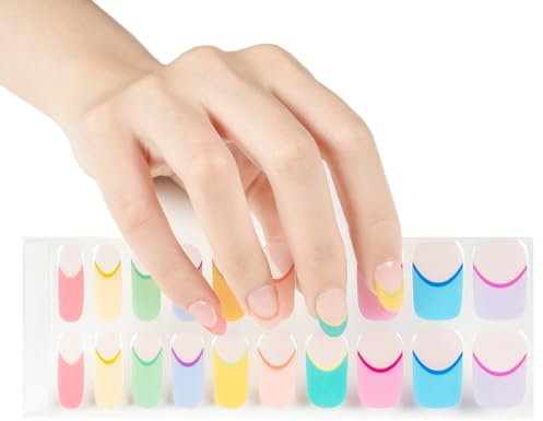 Semi Cured Gel Nail Strips - Rainbow Tips Gel Nail Stickers - 20Pcs Semi Cured Nail Wraps French Manicure Stickers - Long Lasting Gel Nail Stickers UV/LED Lamp Required