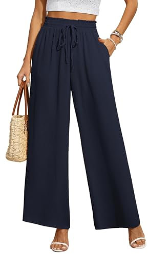 BEIGAI Women Trousers Elasticated High Waist Wide Leg Pants with Pockets Ladies Elegant Loose Lounge Palazzo Pants for Work/Walking/Yoga,Navy Blue,L