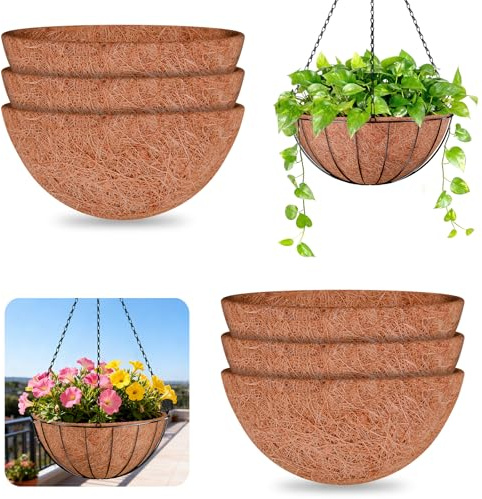 Halatool 6Pack 14In Natural Coco Fiber Replacement for Hanging Basket Liner | 100% Natural Coco Fiber, Drainage & Retain Moisture, Round Coconut Liners for Planters, Flowers, Garden, Patio, Porch Decor