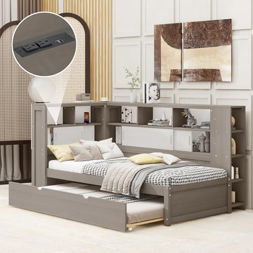 Merax Plattformbett Schrankbett für Kinder mit Ausziehbett, Staufach mit USB - Grau 90x200cm (Ohne Matratze)