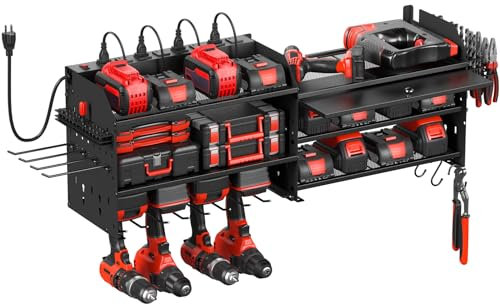 CCCEI Power Tools Organizers with Charging Station. Drills and Battery Holder Wall Mount with Cabinet Storage. Garage Rack Shelf with Power Strip. Gifts for Men, Father.