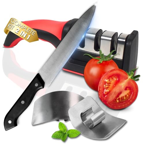 Knife Sharpener 3-Stage and Finger Guard Stainless Steel – Manual Sharpener for Kitchen Knives – Non-Slip Base, Ergonomic Handle – Practical, Safe and Easy to Use