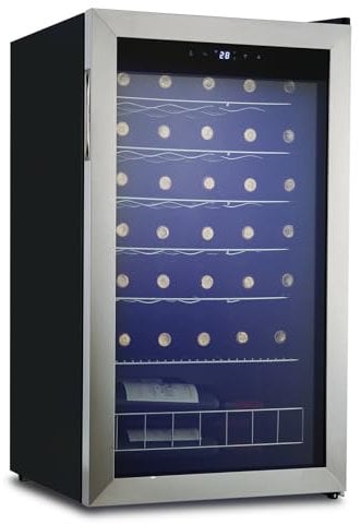Techomey Wine Cooler Fridge, 33 Bottles, Wine Fridge 95L with UV-resistant Glass Door, Freestanding Fridges Under Counter for Home, Bar, Restaurant, Digital Temperature Control, Stainless Steel
