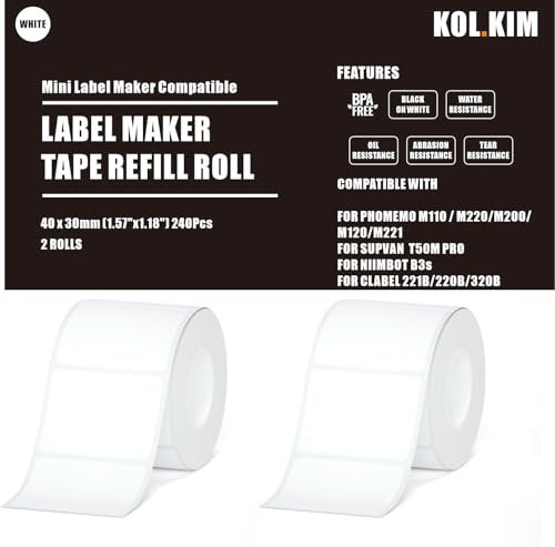 M110 Thermo-Etiketten für Phomemo M110 Druckerpapier, M220 Etiketten für Phomemo Etikettendrucker, Papier, Print Master Ponek M100 CLABEL 221B Etiketten-Nachfüllpackung, 40 x 30 mm, Weiß, 2 Rollen