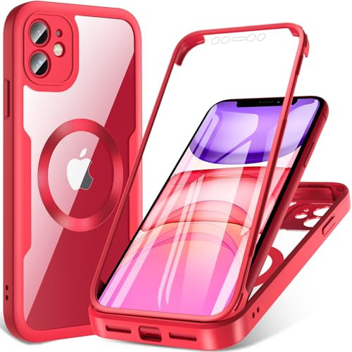 Hensinple For iPhone 11 Case,Magnetic iPhone 11 Phone Case 360 Full Body Bumper Clear Back iPhone 11 Cover Compatible with Magsafe and Built-in Screen Protector iPhone 11 6.1-Inch (Red)