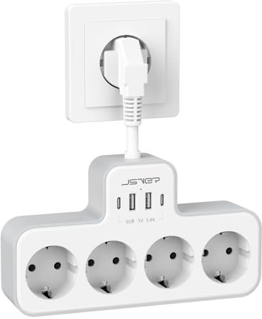 JSVER Regleta Enchufe Con 4 Tomas y 4 Puertos USB (2 USB A, 2 USB C) - Regleta Eléctrica 3680W 16A Para El Hogar, La Oficina y Los Viajes - Blanco