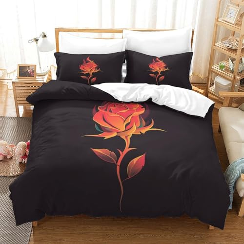 BEDPOCHY Rosen Bettwäsche-Set 3-teilig Für Teenager Jungen Mädchen Blume Bettwäsche Satz Effekt Microfaser Bettbezug Und Kissenbezug Bettwäschegarnitur Mit Reißverschluss Single(140x200cm)
