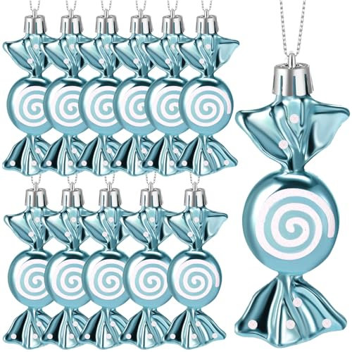 Threan 12 Adornos Navideños de Caramelos Adornos Colgantes de Bastones de Caramelo con Purpurina Adornos de Menta y Caramelo para Árbol de Navidad con Cuerdas Doradas(Azul Claro,Plástico)
