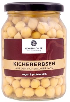 Hohenloher Bauerngenossenschaft Kichererbsen hell (im Glas) 370 ml - Perfekt gegarte, fertige Kichererbsen für cremige Hummus Dips und Eintöpfe - Nussig-buttriges Aroma