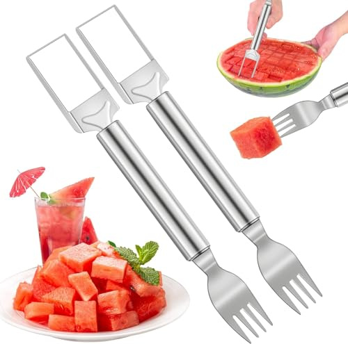 Lot de 2 coupe-pastèques en acier inoxydable 2 en 1 - Fourchette à pastèque portable - Pour la maison, les fêtes, le camping, la cuisine - Argenté