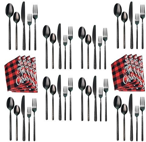 Ménagère 48 pièces design pierre titane noir acier inoxydable couteaux, fourchettes, cuillères (40 pièces + 8 sets de tapis)