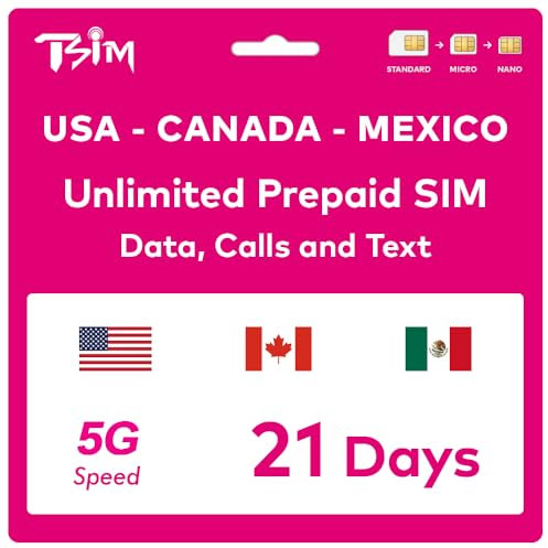 TSIM Prepaid SIM-Karte für die USA für 21 Tage | Unbegrenzte Daten 4G/5G in den USA + 5 GB High Speed in Kanada und Mexiko | unbegrenzte Ortsgespräche + kostenlose eingehende Anrufe/SMS